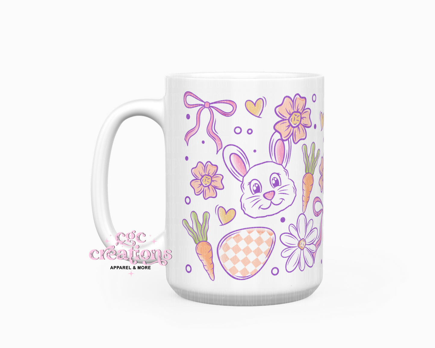 Cute Retro Purple Bows and Bunnies 15 oz Ceramic Coffee Mug