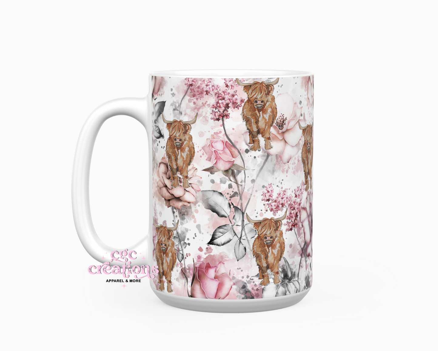 Floral Highland Cow Mug Wrap 15oz Ceramic Coffee Mug
