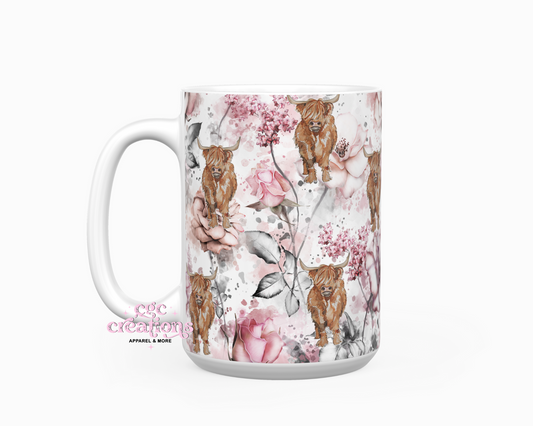 Floral Highland Cow Mug Wrap 15oz Ceramic Coffee Mug