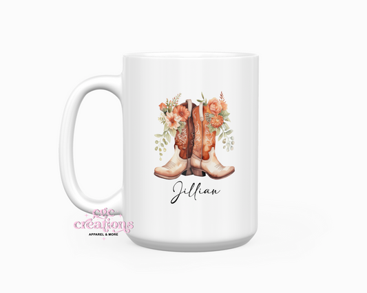 Personalized Cowgirl Boots Coral 15oz Ceramic Coffee Mug
