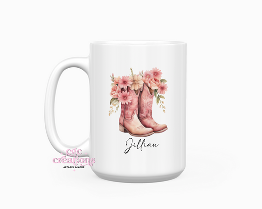 Personalized Cowgirl Boots Pink 15oz Ceramic Coffee Mug
