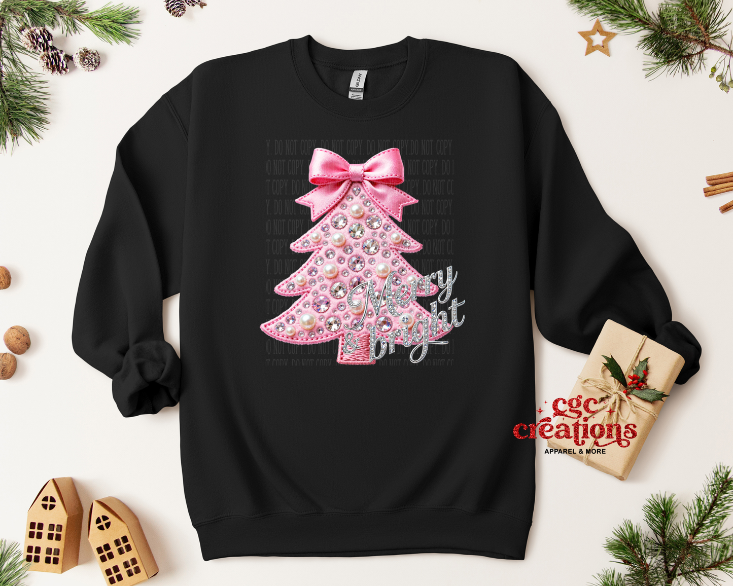 FAUX BEADS & STITCHING - Merry & Bright Christmas Crewneck Sweatshirt