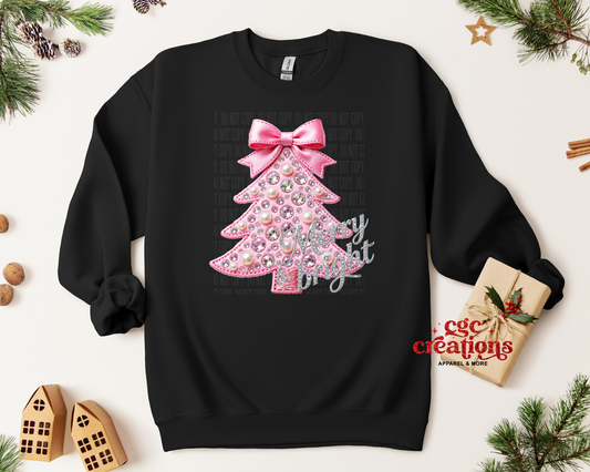 FAUX BEADS & STITCHING - Merry & Bright Christmas Crewneck Sweatshirt