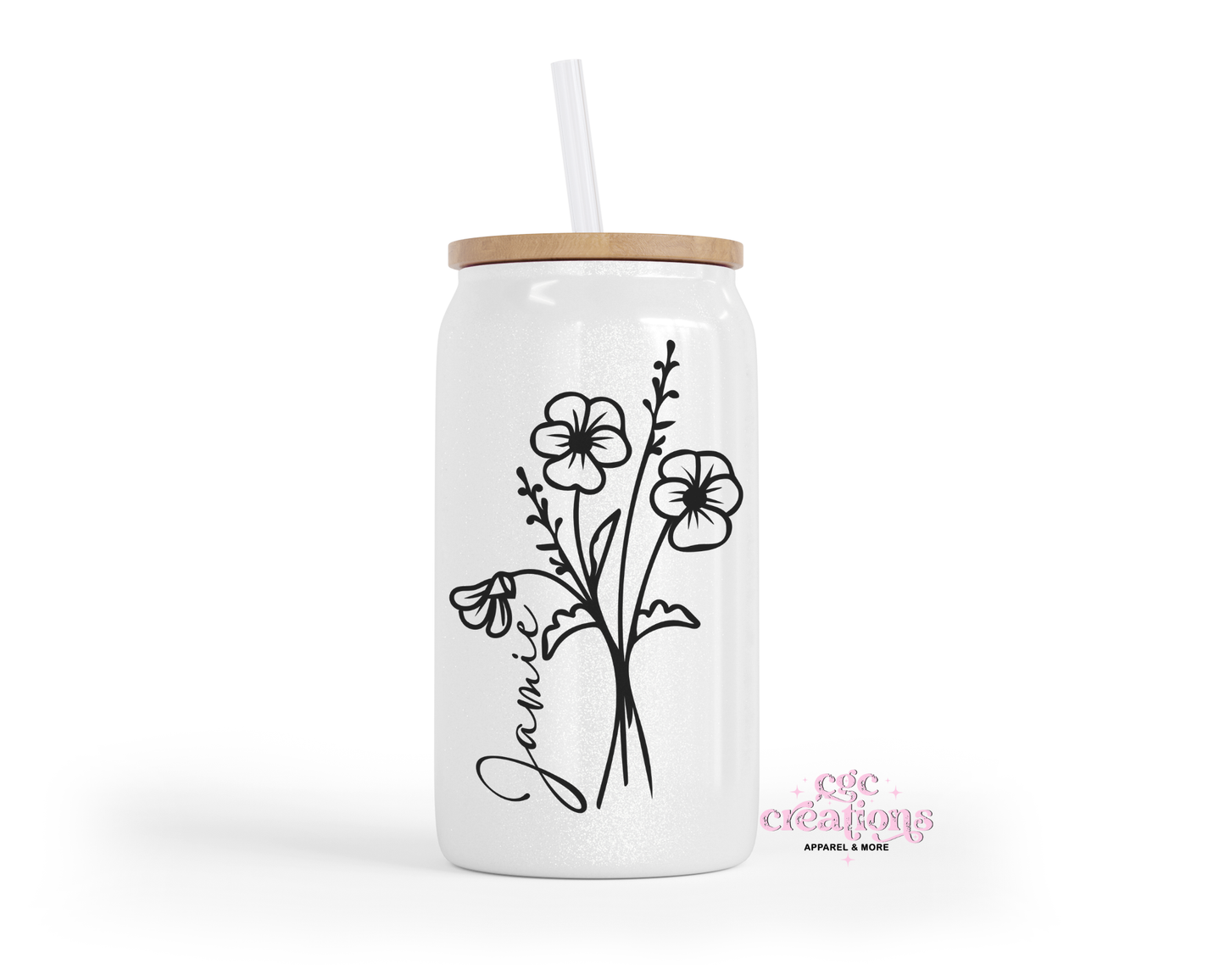 Personalized Birth Month Flower 16oz Glass Cup With Lid