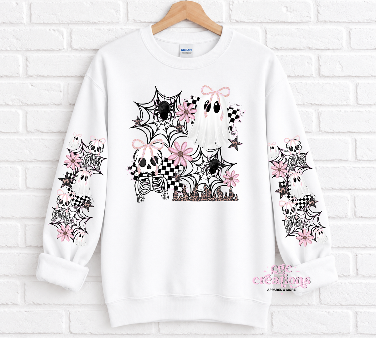 Pink Spooky Bows & Ghosts Halloween With Sleeves For Crewneck Sweatshirt And Hoodie ONLY Apparel(t-shirt or crewneck sweatshirt or hoodie)