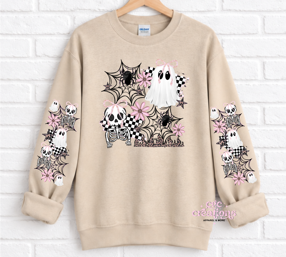 Pink Spooky Bows & Ghosts Halloween With Sleeves For Crewneck Sweatshirt And Hoodie ONLY Apparel(t-shirt or crewneck sweatshirt or hoodie)