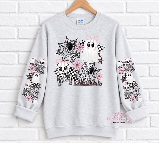 Pink Spooky Bows & Ghosts Halloween With Sleeves For Crewneck Sweatshirt And Hoodie ONLY Apparel(t-shirt or crewneck sweatshirt or hoodie)