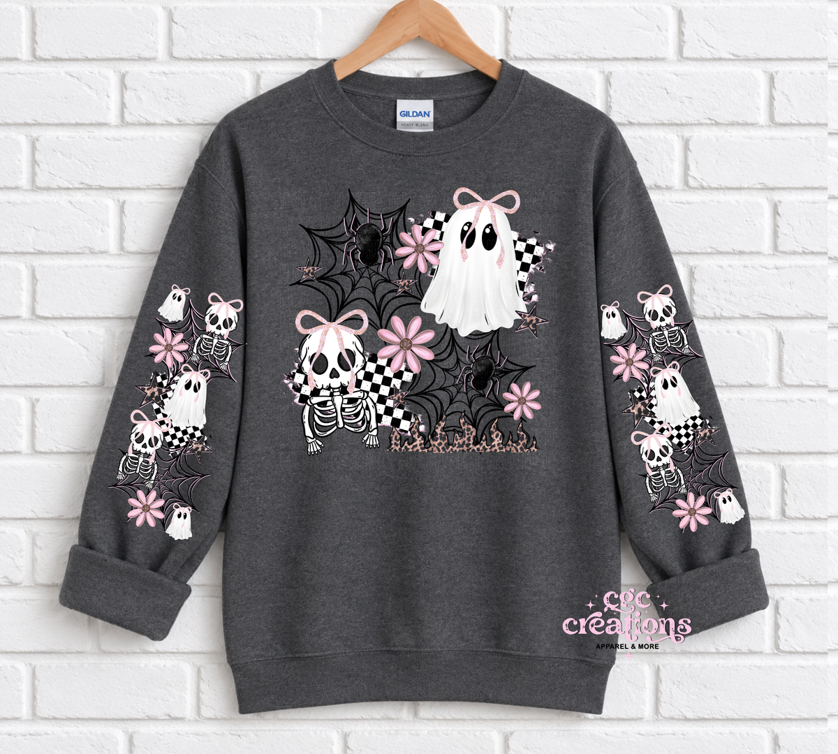 Pink Spooky Bows & Ghosts Halloween With Sleeves For Crewneck Sweatshirt And Hoodie ONLY Apparel(t-shirt or crewneck sweatshirt or hoodie)