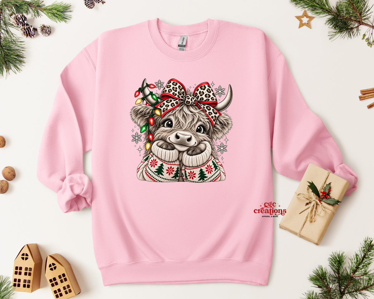 Cute Christmas Highland Cow Apparel(t-shirt or crewneck sweatshirt or hoodie)