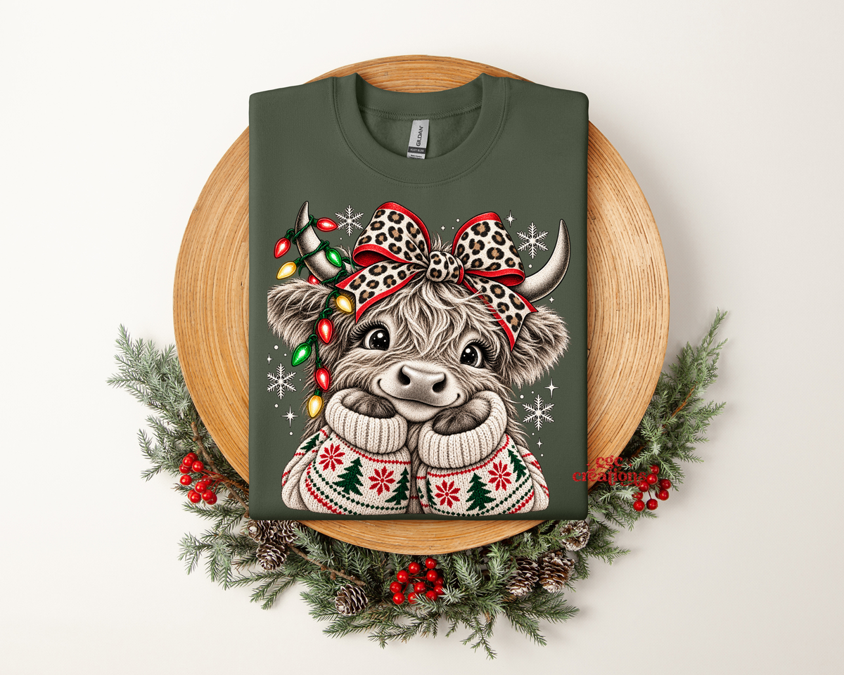 Cute Christmas Highland Cow Apparel(t-shirt or crewneck sweatshirt or hoodie)