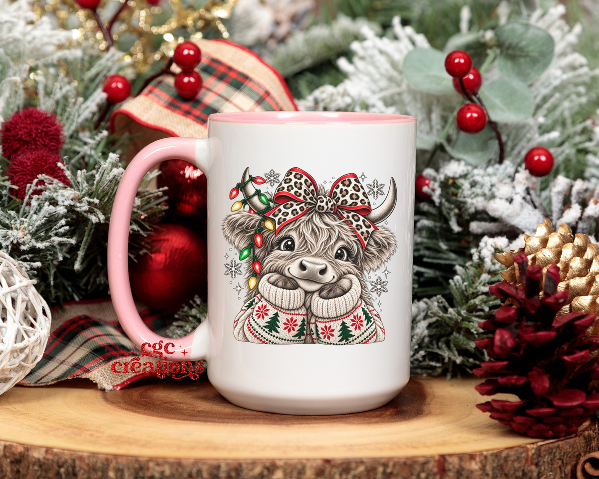 Cute Christmas Highland Cow 15oz Ceramic Coffee Mug