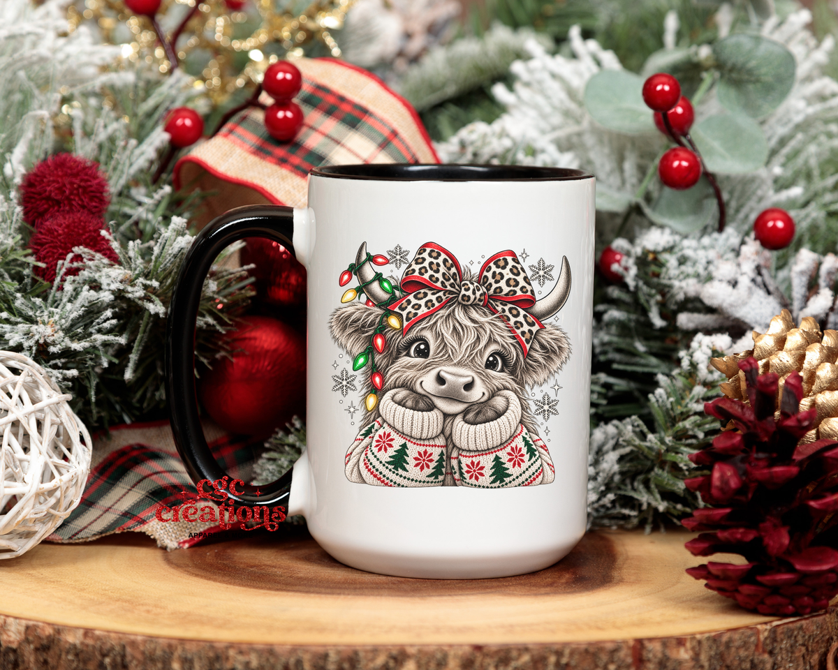 Cute Christmas Highland Cow 15oz Ceramic Coffee Mug