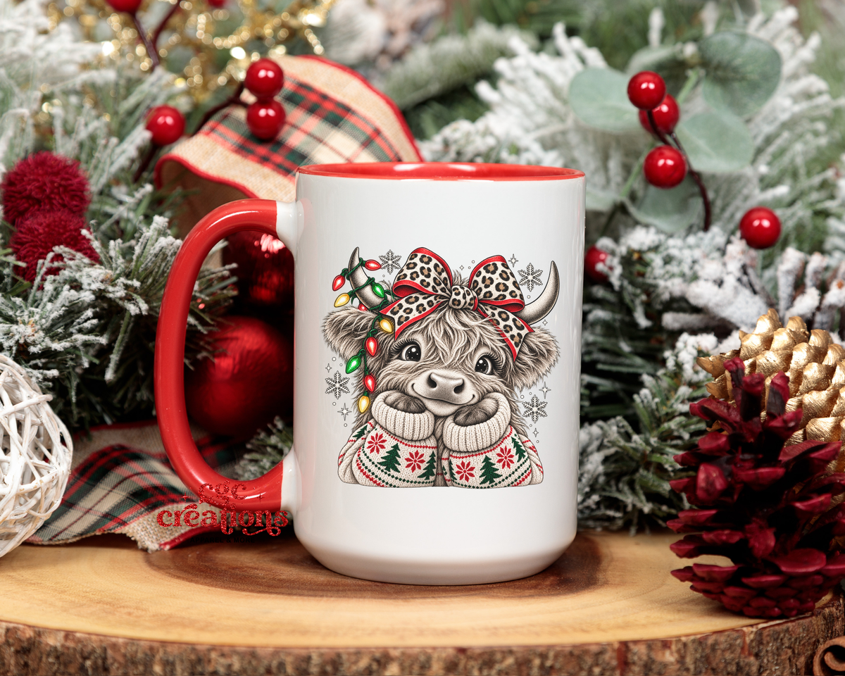 Cute Christmas Highland Cow 15oz Ceramic Coffee Mug
