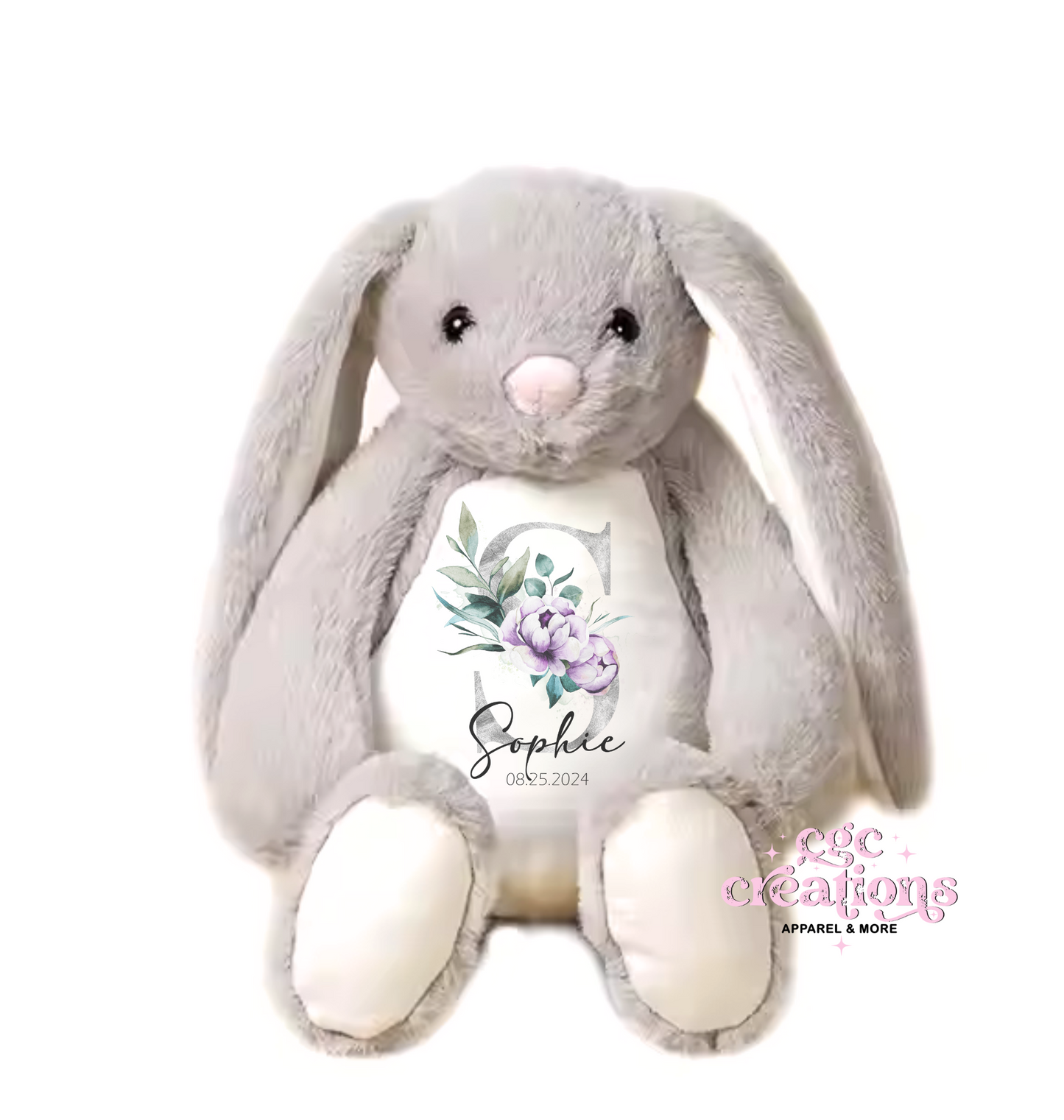 Personalized Floral Alphabet (Grey Letter) Plush Bunny