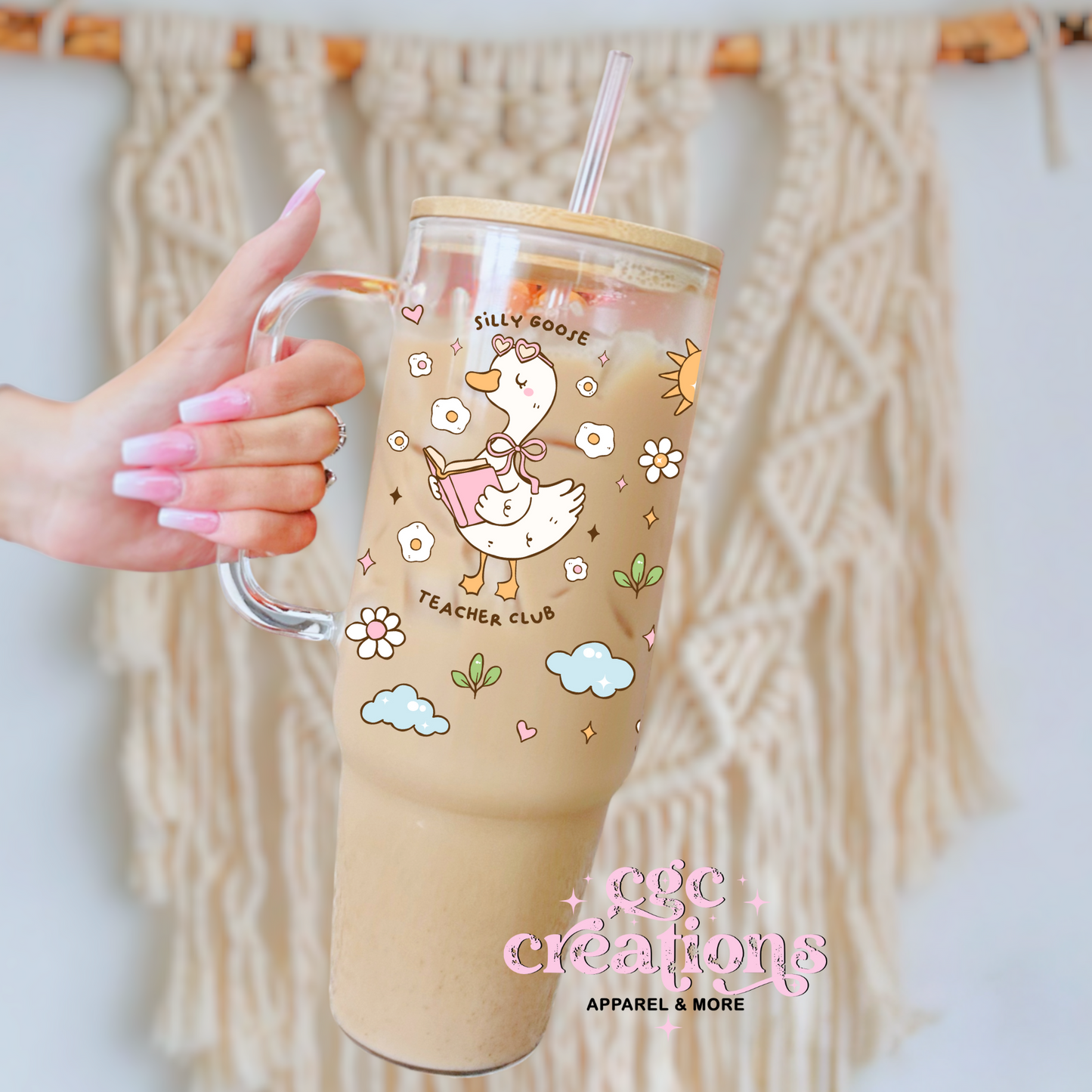 Silly Goose Teachers Club 40oz Glass Cup With Bamboo Lid