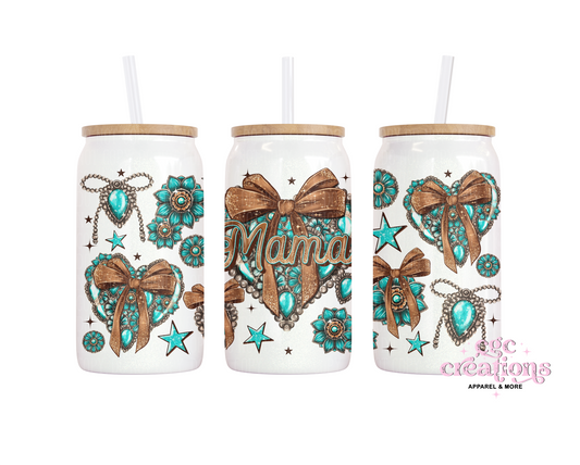 Western Mama Heart 16oz Glass Cup With Lid