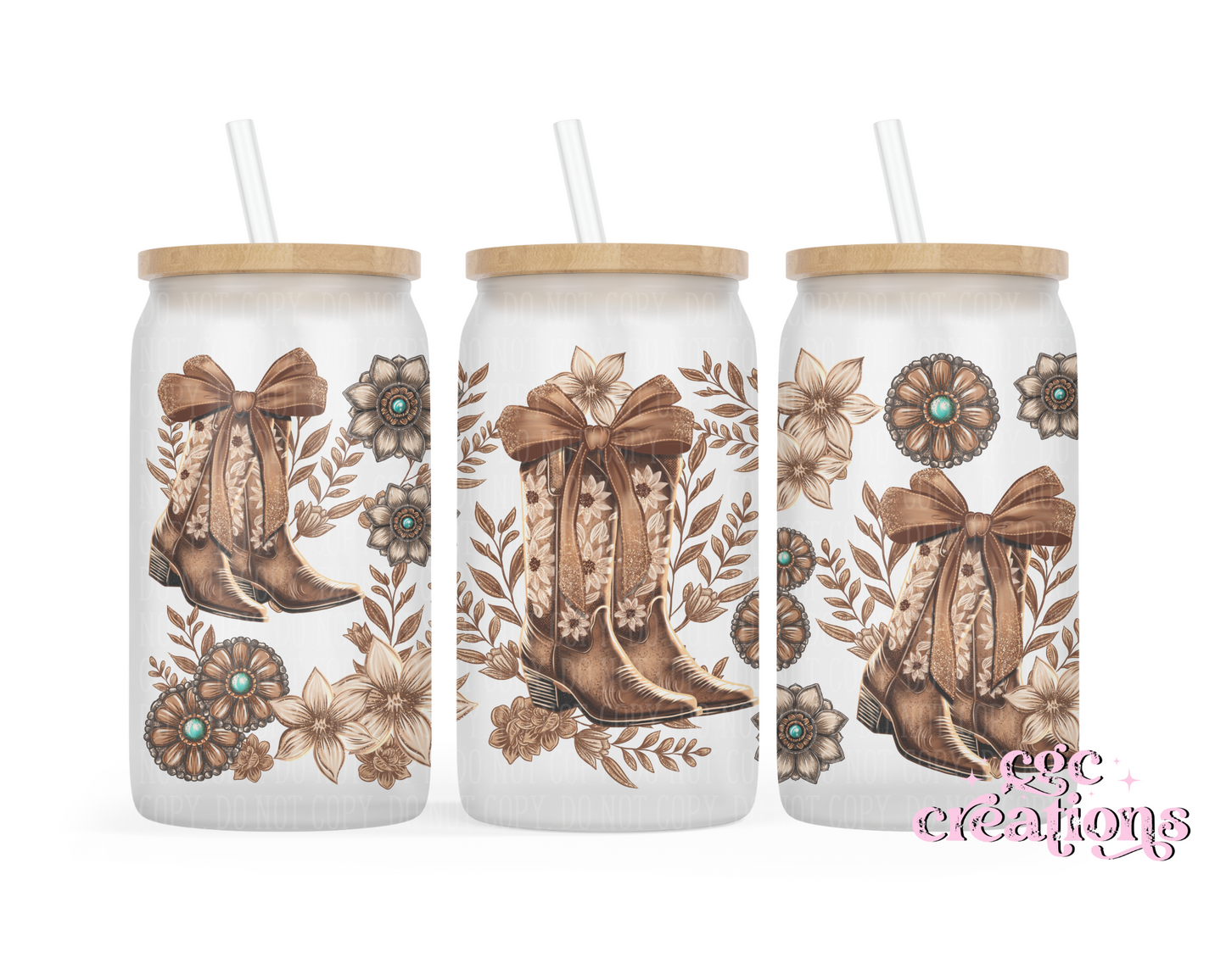 Floral Cowboy Boots 16oz Glass Cup With Lid