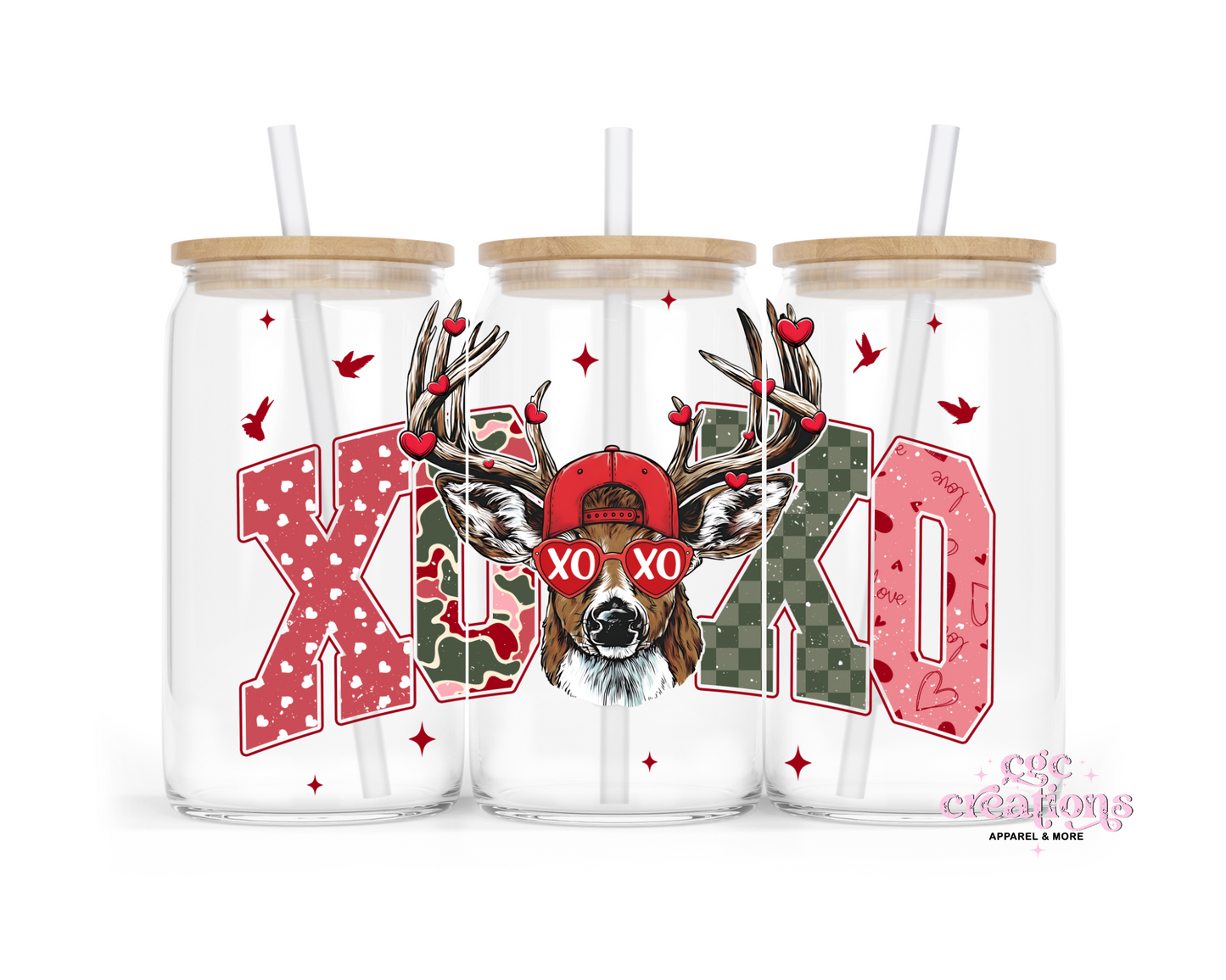 XOXO Deer 16oz Glass Cup With Lid