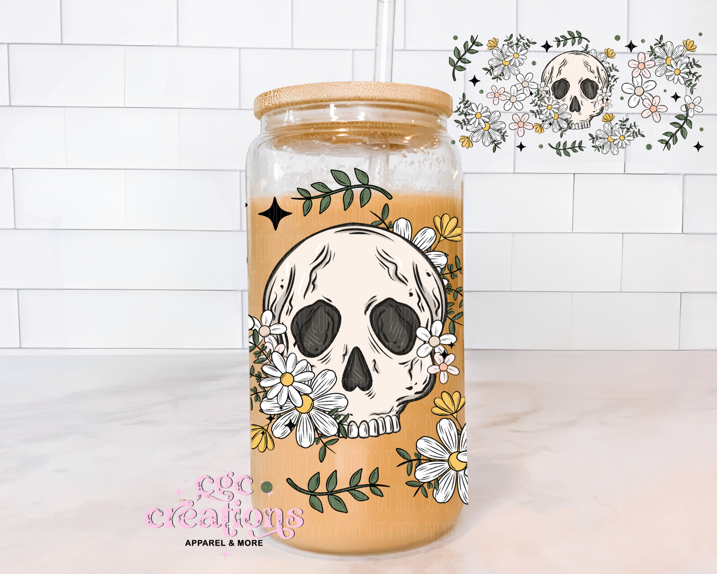 Floral Skellie 16oz Glass Cup With Lid