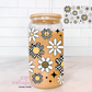 Retro Checkered Flowers 16oz Glass Cup With Lid