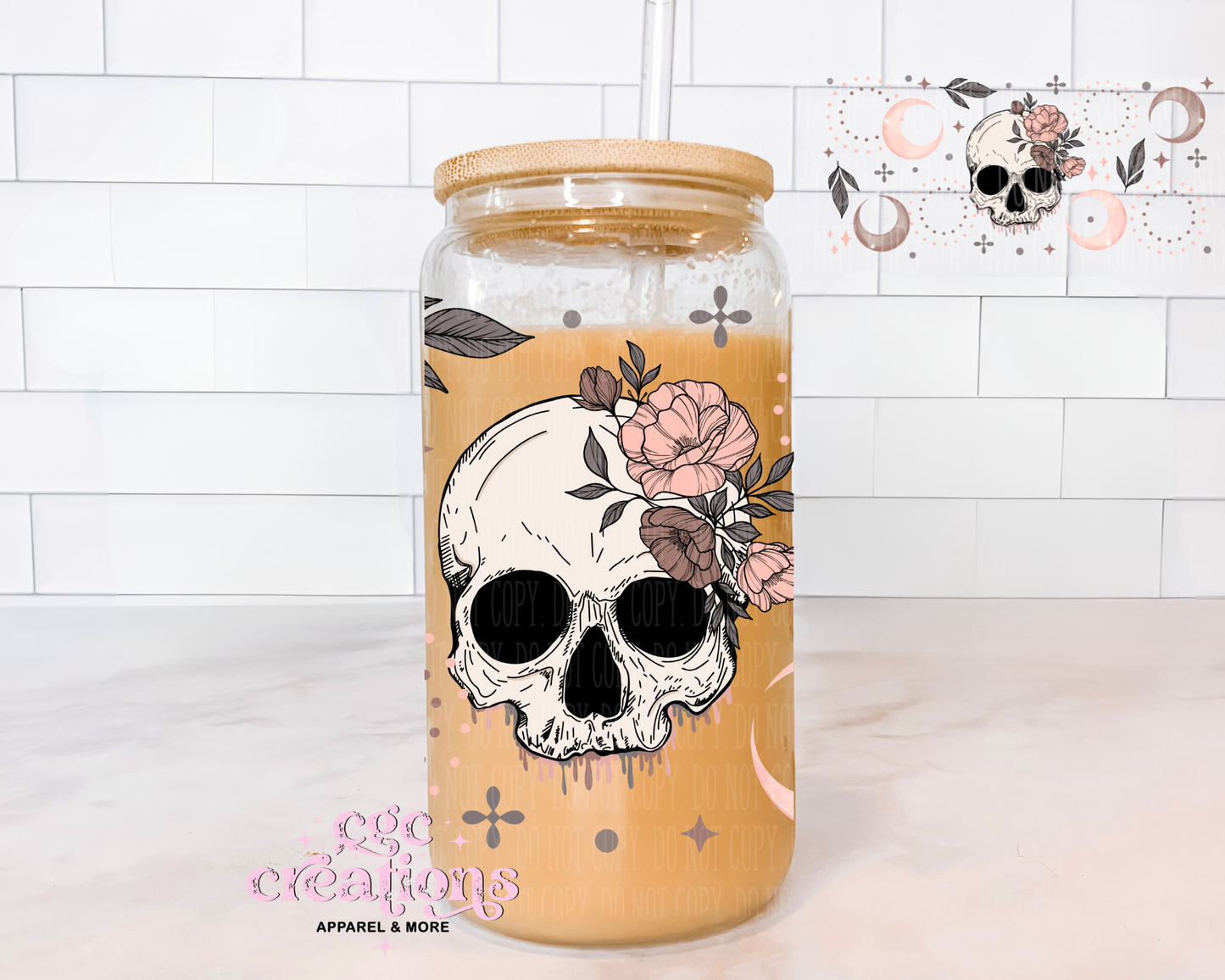 Floral Skellie #2 16oz Glass Cup With Lid