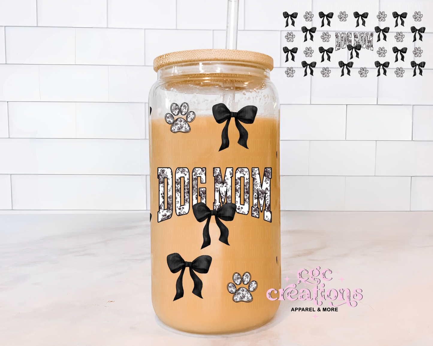 Dog Mom Floral Toile Coquette 16oz Glass Cup With Lid