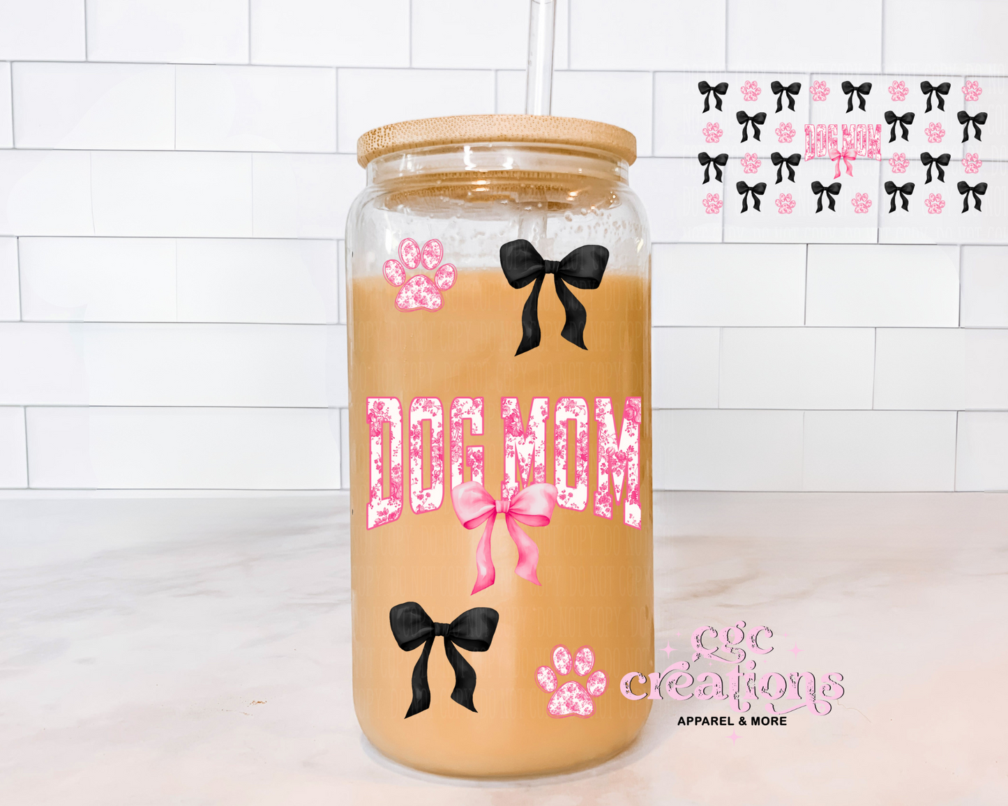 Dog Mom Floral Toile Coquette # 2 16oz Glass Cup With Lid