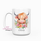 Personalized Floral Highland Cow 15oz Ceramic Coffee Mug