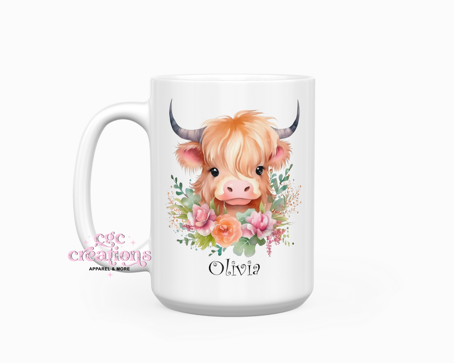 Personalized Floral Highland Cow 15oz Ceramic Coffee Mug