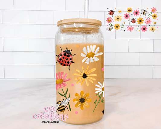 Wildflower Lady Bug 16oz Glass Cup With Lid