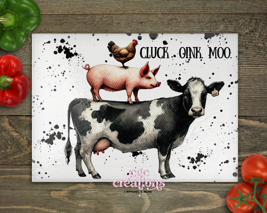Cluck Oink Moo Glass Cutting Board