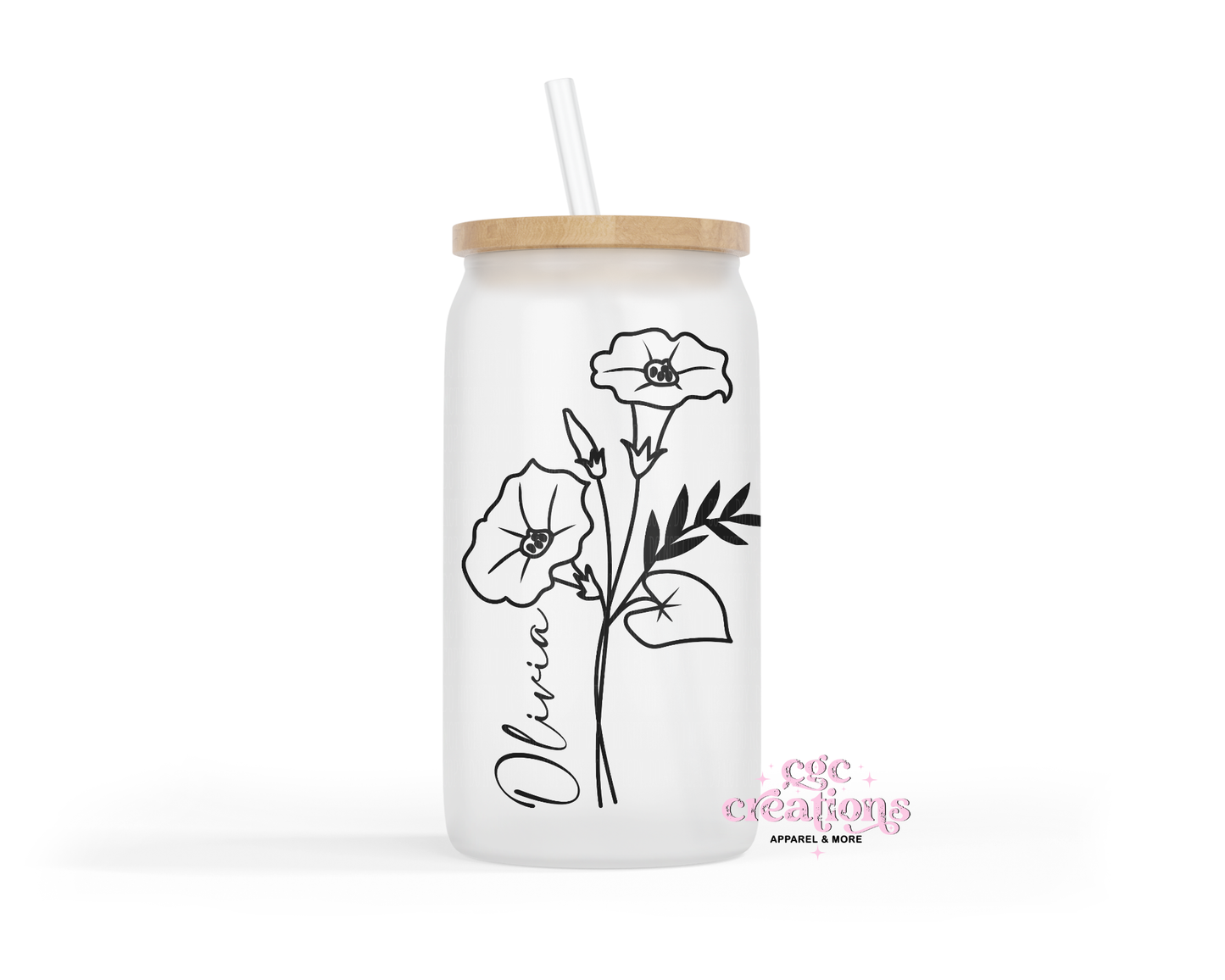 Personalized Birth Month Flower 16oz Glass Cup With Lid