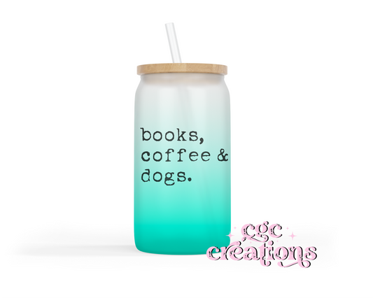 Books, Dogs & Coffee 16oz Glass Cup With Lid