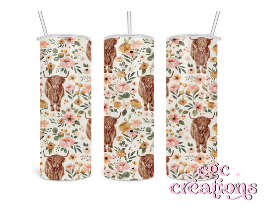 Floral Highland Cow Insulated Tumbler