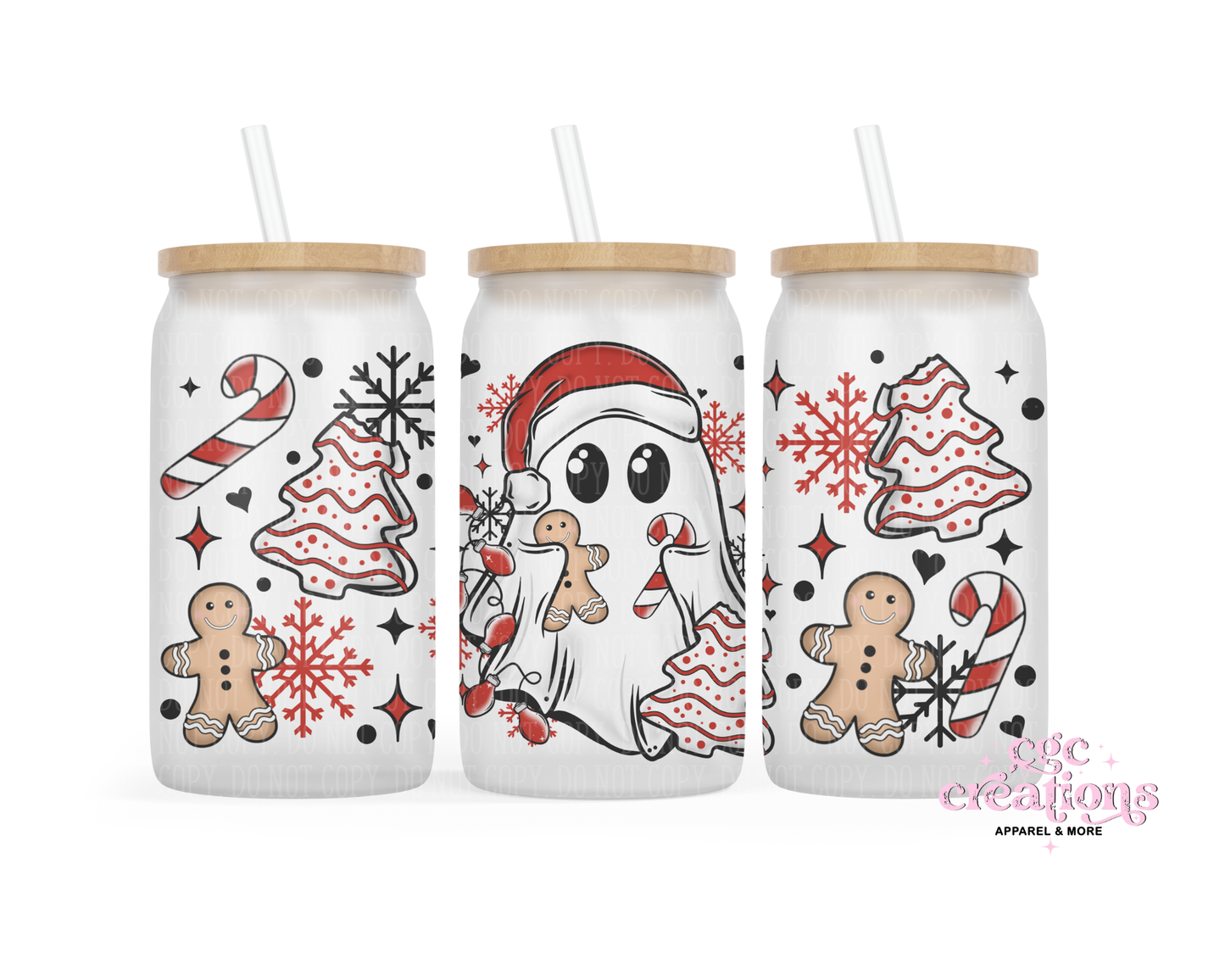 Christmas Ghost 16oz Glass Cup With Lid