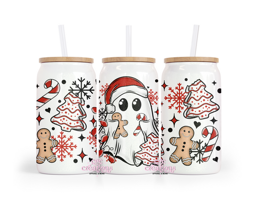 Christmas Ghost 16oz Glass Cup With Lid