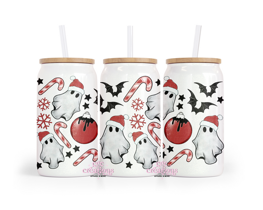 Christmas Ghost #2 16oz Glass Cup With Lid