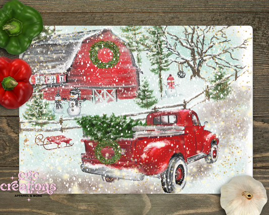 Christmas Red Truck Scene Glass Cutting Board