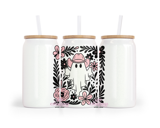 Boho Cowboy Ghost (pink) 16oz Glass Cup With Lid