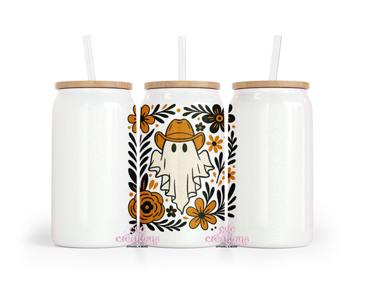 Boho Cowboy Ghost (orange) 16oz Glass Cup With Lid