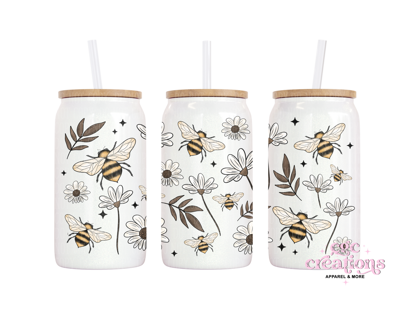 Daisies and Bees 16oz Glass Cup With Lid