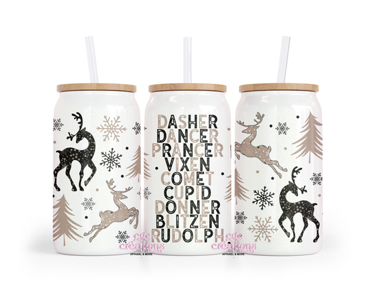 Santa's Reindeer 16oz Glass Cup With Lid