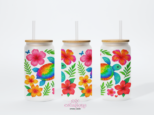 Floral Turtles #2 16oz Glass Cup With Lid