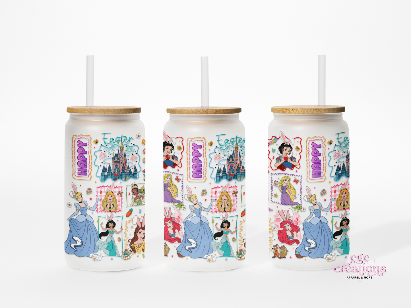 Happy Easter Princess 16oz Glass Cup With Lid