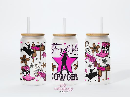 Stay Wild Cowgirl 16oz Glass Cup With Lid