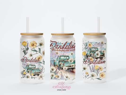 Dandelion - Born To Live Free Riding On A Breeze 16oz Glass Cup With Lid