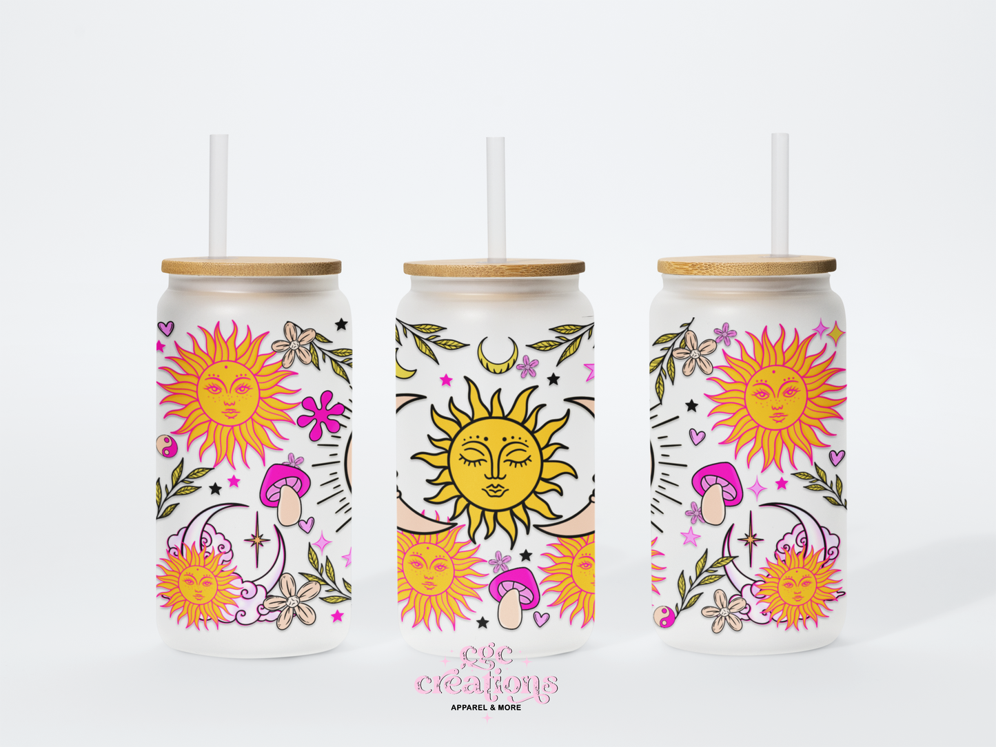 Boho Celestial Sun & Moon 16oz Glass Cup With Lid