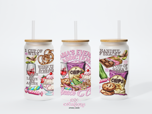 Mama's Evening Addiction Snack Club 16oz Glass Cup With Lid