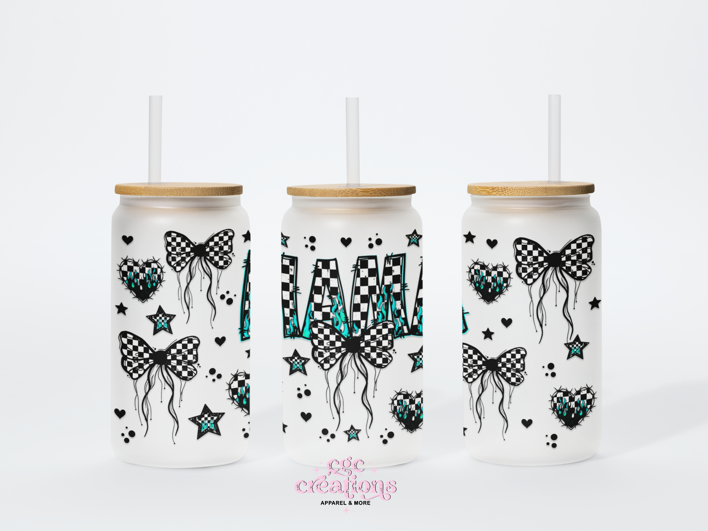 Mama Checkers & Bows 16oz Glass Cup With Lid