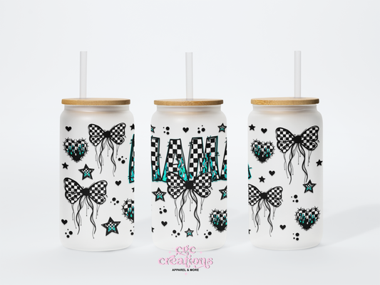 Mama Checkers & Bows 16oz Glass Cup With Lid
